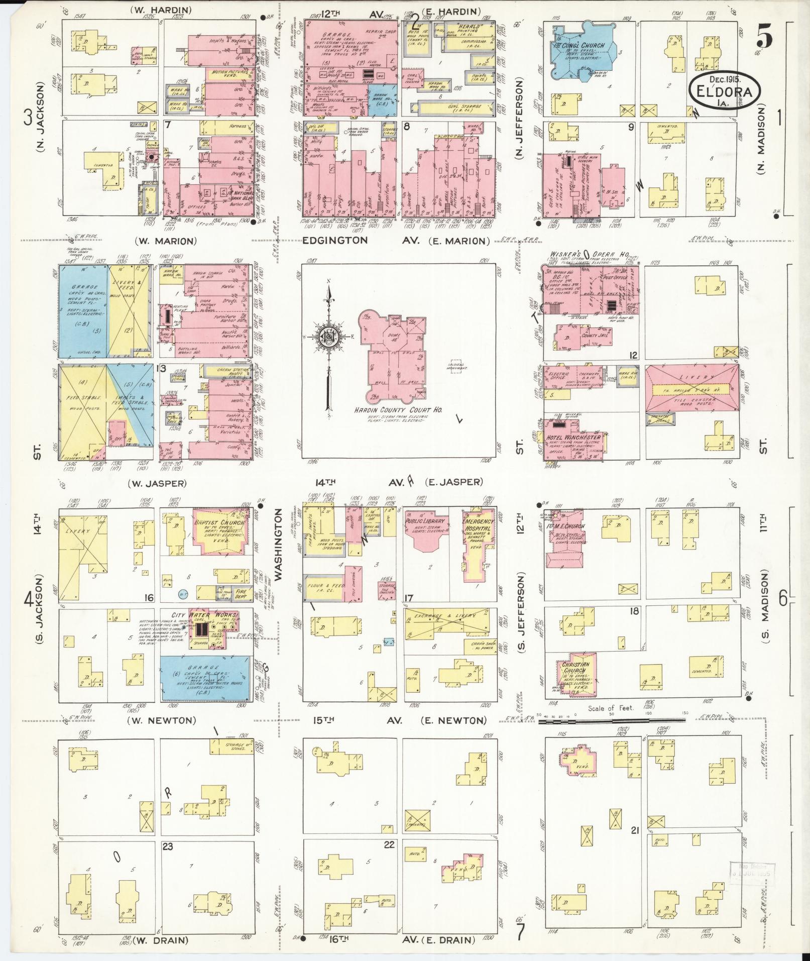 Sanborn Fire Insurance Map from Eldora, Hardin County, Iowa (1915), Sheet #0005 - Historic Sanborn Fire Insurance Map Print, vintage old map wall art
