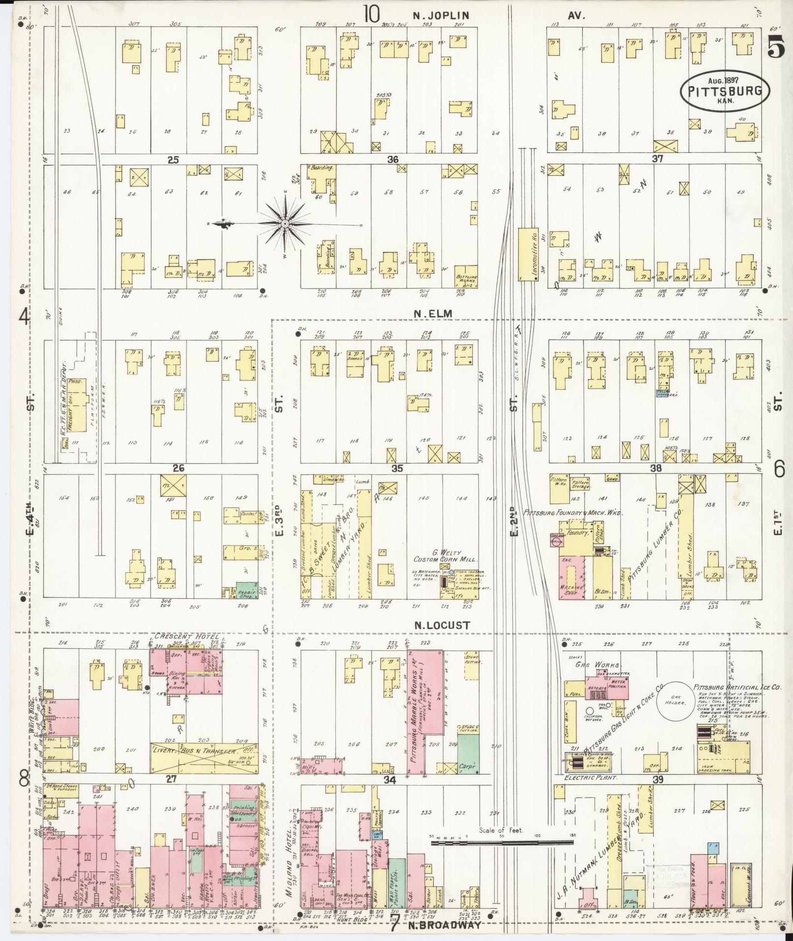 Sanborn Fire Insurance Map from Pittsburg, Crawford County, Kansas (1897), Sheet #0005 - Historic Sanborn Fire Insurance Map Print, vintage old map wall art, antique decor, genealogy gift, Kansas Kansas map