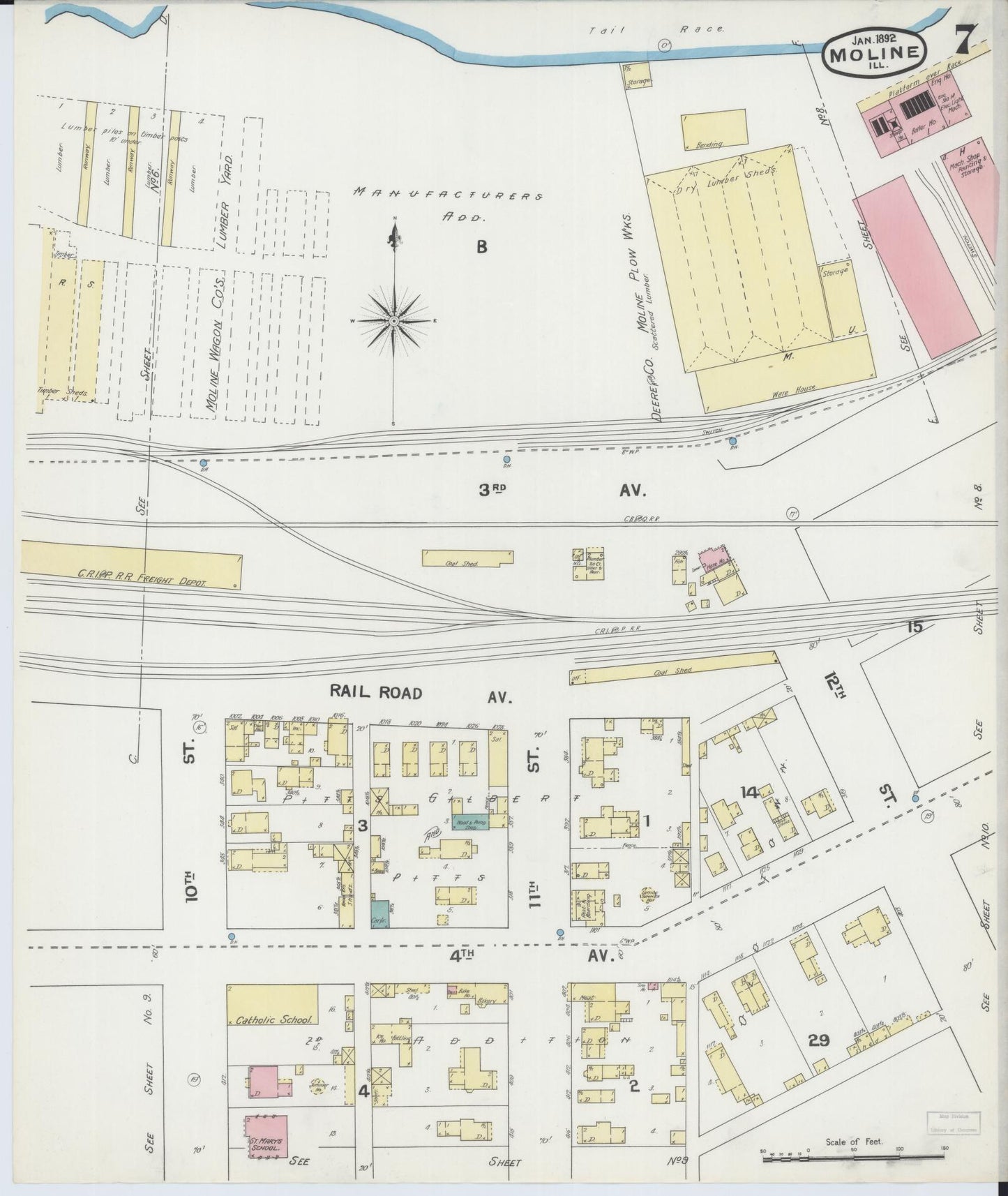 Sanborn Fire Insurance Map from Moline, Rock Island County, Illinois (1892), Sheet #0007 - Complete Map Set gallery image, historic Sanborn map, vintage wall art, Illinois Illinois