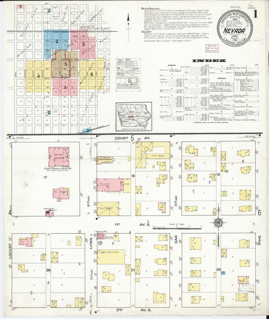 Sanborn Fire Insurance Map from Nevada, Story County, Iowa (1916), Sheet #0001 - Historic Sanborn Fire Insurance Map Print, vintage old map wall art