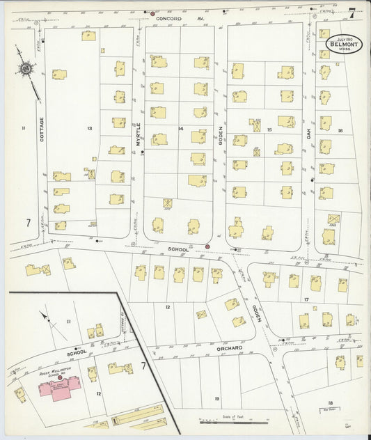 Sanborn Fire Insurance Map from Belmont, Middlesex County, Massachusetts (1910), Sheet #0007 - Historic Sanborn Fire Insurance Map Print, vintage old map wall art, antique decor, genealogy gift, Massachusetts Massachusetts map