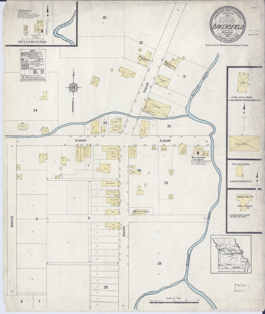 Sanborn Fire Insurance Map from Bakersfield, Ozark County, Missouri (1912), Sheet #0001 - Historic Sanborn Fire Insurance Map Print, vintage old map wall art, antique decor, genealogy gift, Missouri Missouri map