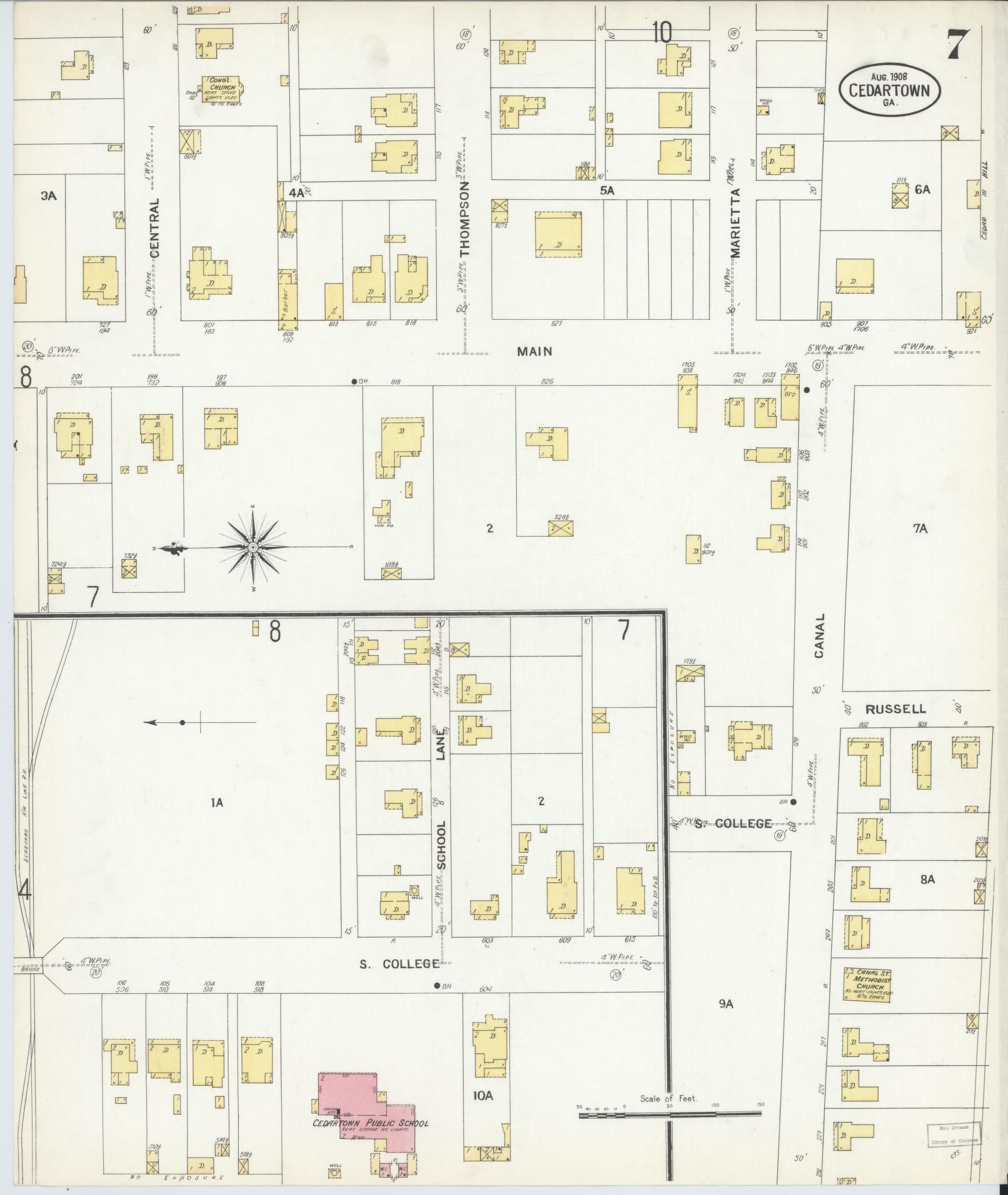 Sanborn Fire Insurance Map from Cedartown, Polk County, Georgia (1908), Sheet #0007 - Historic Sanborn Fire Insurance Map Print, vintage old map wall art, antique decor, genealogy gift, Georgia Georgia map