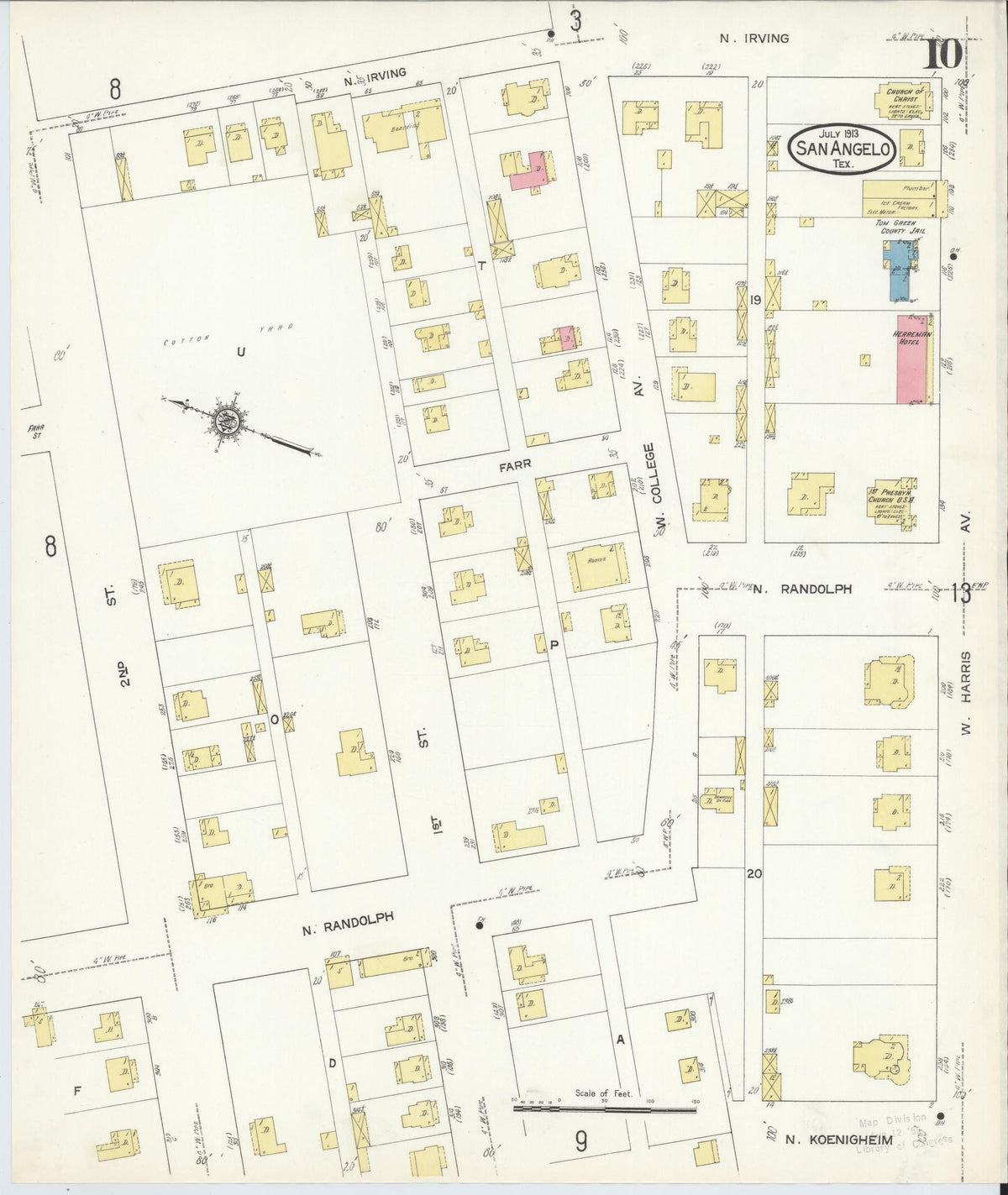 Sanborn Fire Insurance Map from San Angelo, Tom Green County, Texas (1913), Sheet #0010 - Historic Sanborn Fire Insurance Map Print, vintage old map wall art, antique decor, genealogy gift, Texas Texas map