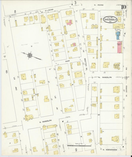 Sanborn Fire Insurance Map from San Angelo, Tom Green County, Texas (1913), Sheet #0010 - Historic Sanborn Fire Insurance Map Print, vintage old map wall art, antique decor, genealogy gift, Texas Texas map