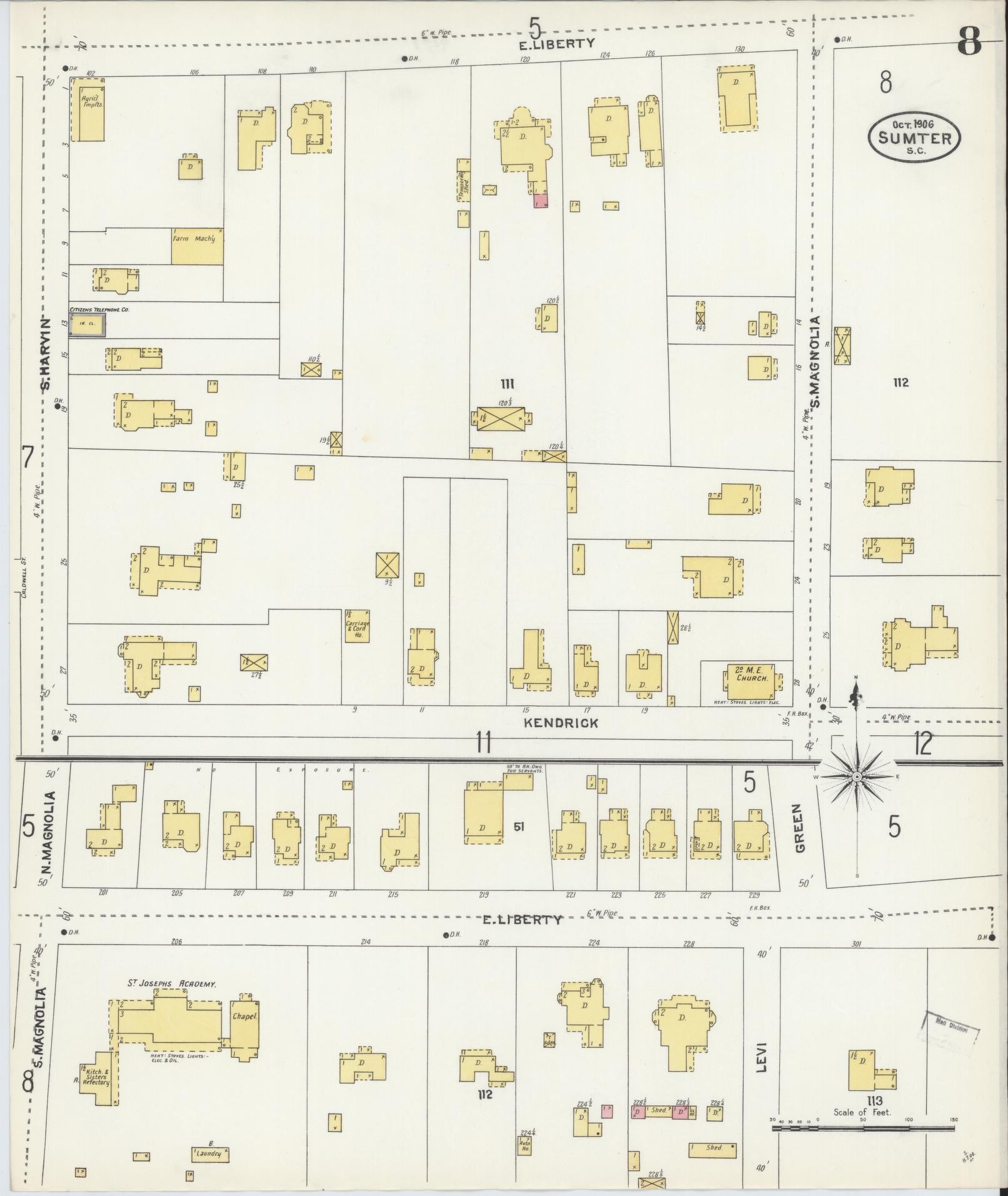 Sanborn Fire Insurance Map from Sumter, Sumter County, South Carolina (1906), Sheet #0008 - Historic Sanborn Fire Insurance Map Print, vintage old map wall art, antique decor, genealogy gift, South Carolina South Carolina map