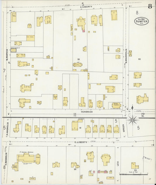Sanborn Fire Insurance Map from Sumter, Sumter County, South Carolina (1906), Sheet #0008 - Historic Sanborn Fire Insurance Map Print, vintage old map wall art, antique decor, genealogy gift, South Carolina South Carolina map