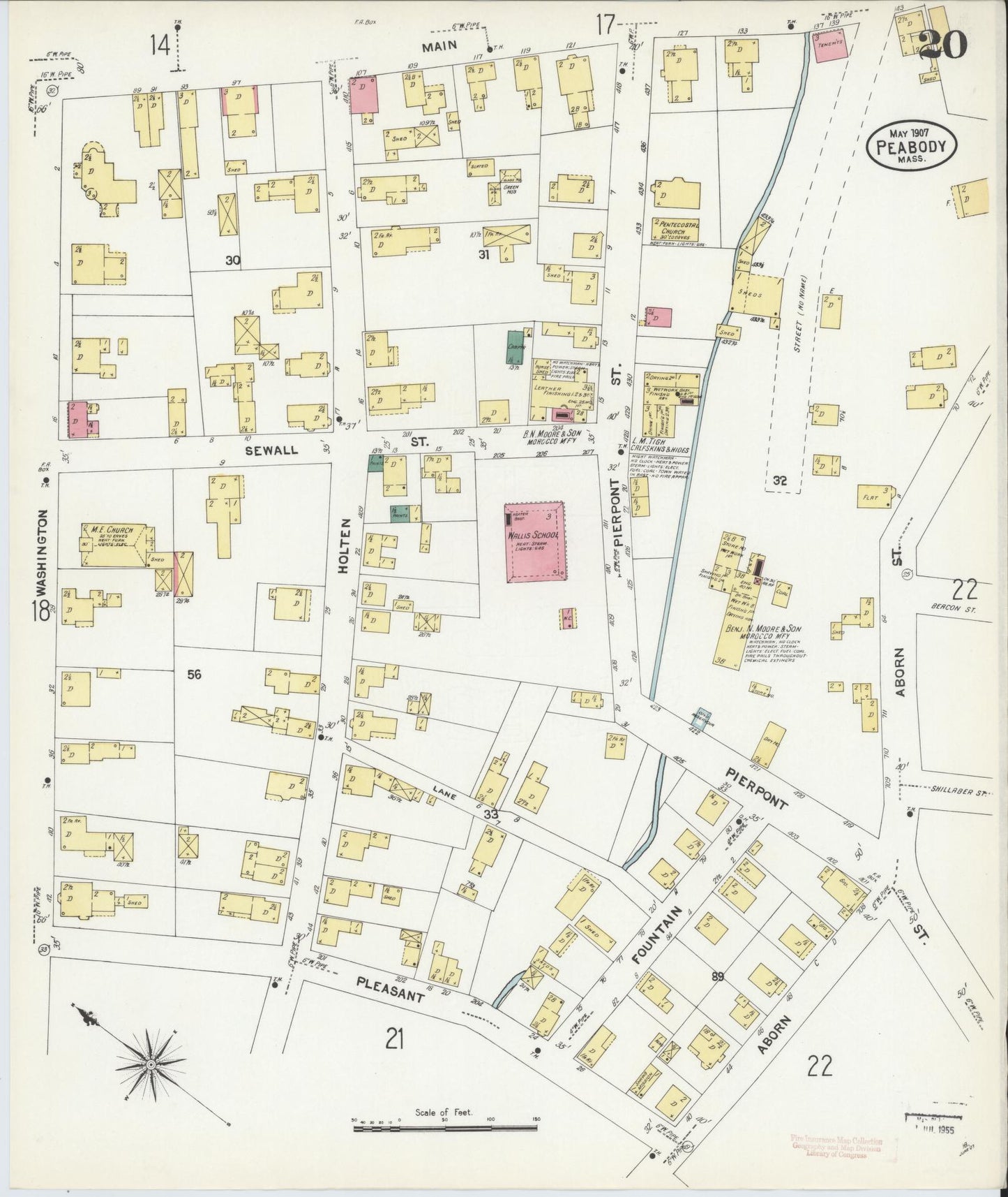Sanborn Fire Insurance Map from Peabody, Essex County, Massachusetts (1907), Sheet #0020 - Complete Map Set gallery image, historic Sanborn map, vintage wall art, Massachusetts Massachusetts
