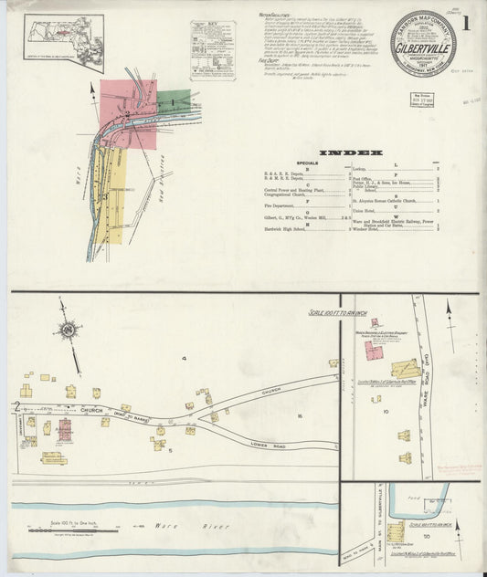 Sanborn Fire Insurance Map from Gilbertville, Worcester County, Massachusetts (1917), Sheet #0001 - Complete Map Set gallery image, historic Sanborn map, vintage wall art, Massachusetts Massachusetts
