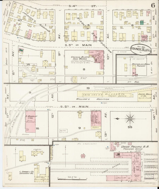 Sanborn Fire Insurance Map from Council Bluffs, Pottawattamie County, Iowa (1885), Sheet #0006 - Historic Sanborn Fire Insurance Map Print, vintage old map wall art