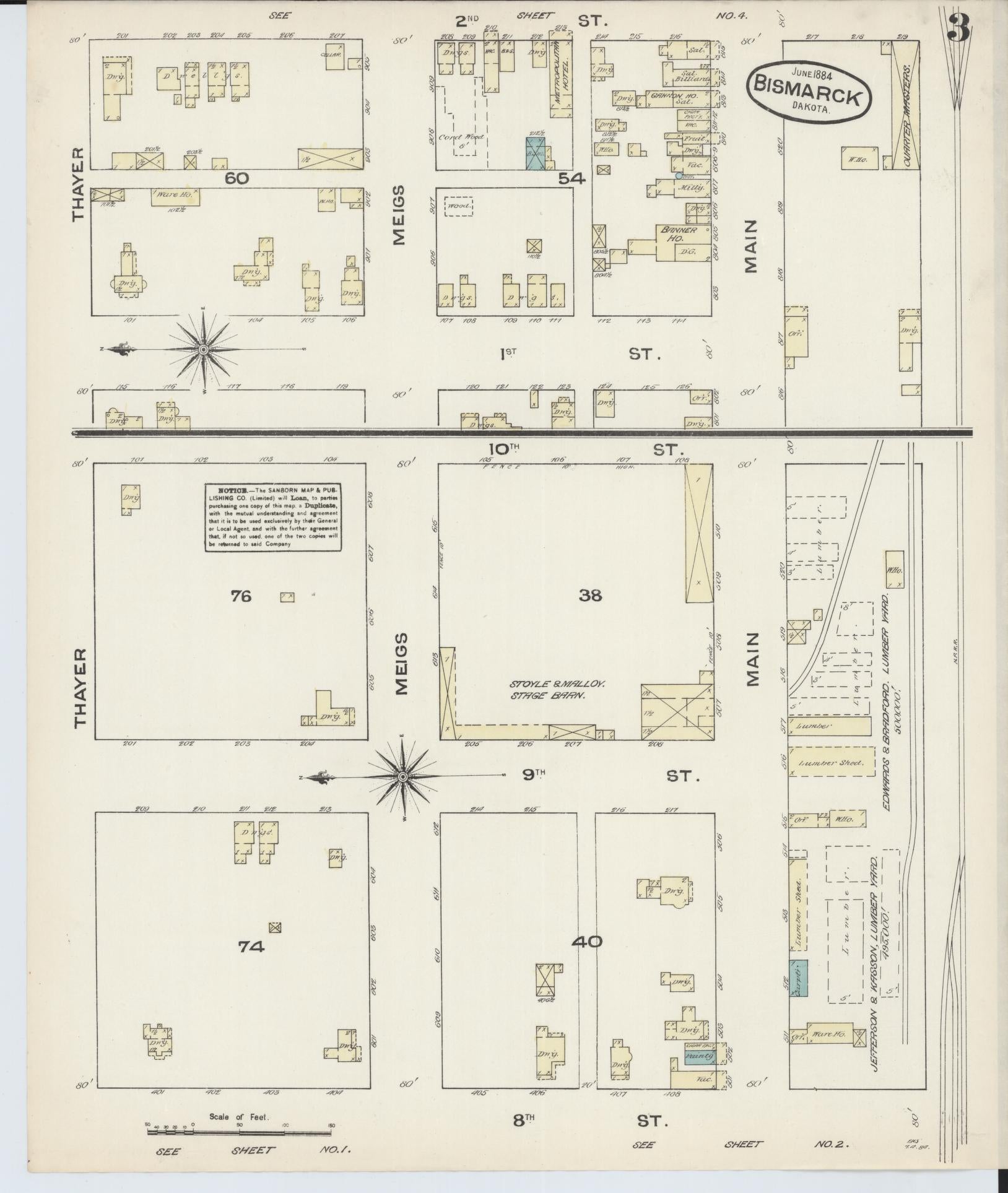 Sanborn Fire Insurance Map from Bismarck, Burleigh County, North Dakota (1884), Sheet #0003 - Complete Map Set gallery image, historic Sanborn map, vintage wall art, North Dakota North Dakota