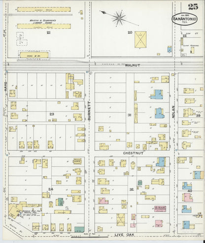 Sanborn Fire Insurance Map from San Antonio, Bexar County, Texas (1892), Sheet #0025 - Historic Sanborn Fire Insurance Map Print, vintage old map wall art, antique decor, genealogy gift, Texas Texas map