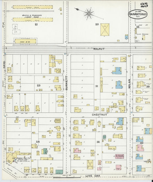 Sanborn Fire Insurance Map from San Antonio, Bexar County, Texas (1892), Sheet #0025 - Historic Sanborn Fire Insurance Map Print, vintage old map wall art, antique decor, genealogy gift, Texas Texas map