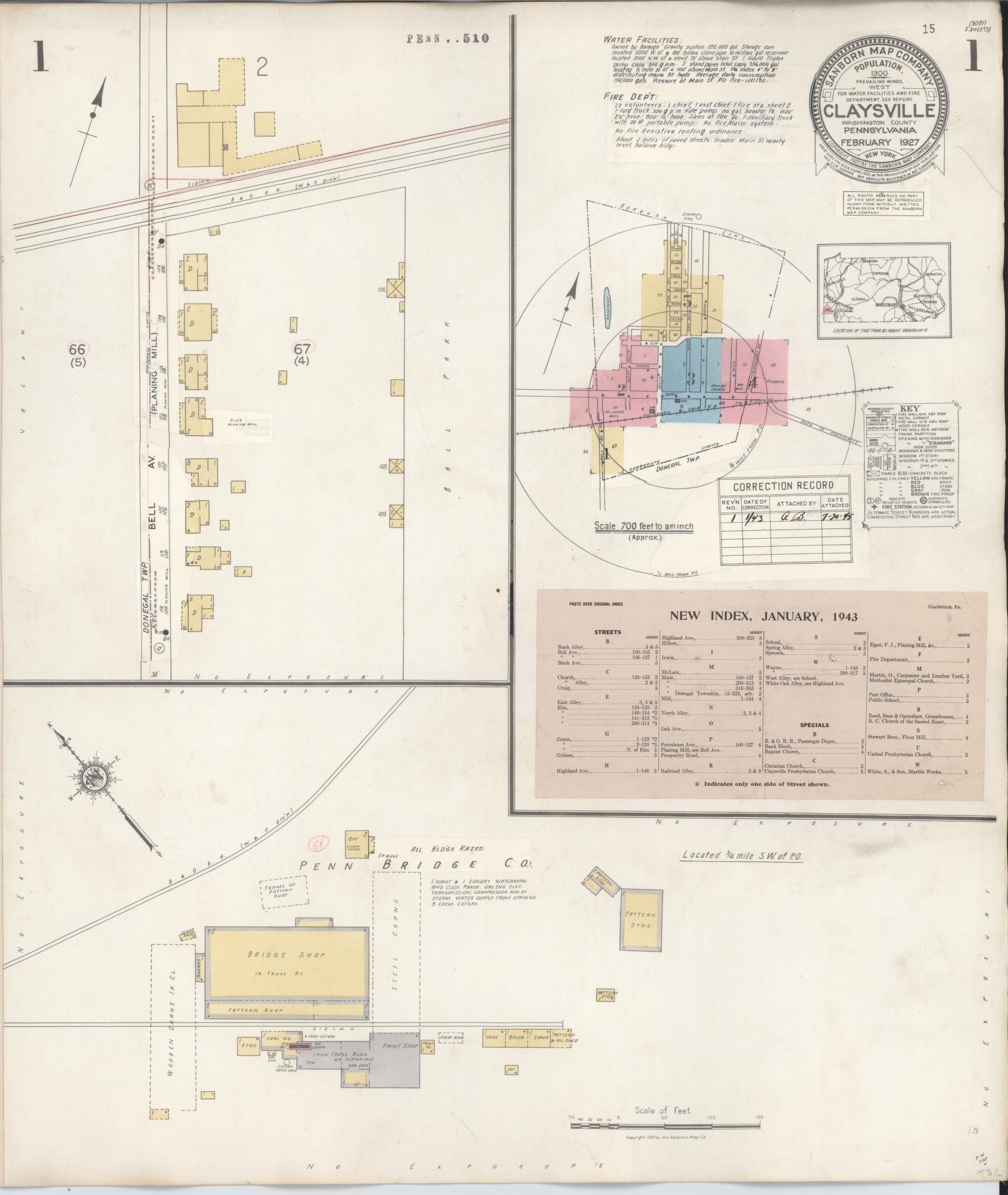 Sanborn Fire Insurance Map from Claysville, Washington County, Pennsylvania (1943), Sheet #0001 - Historic Sanborn Fire Insurance Map Print, vintage old map wall art, antique decor, genealogy gift, Pennsylvania Pennsylvania map