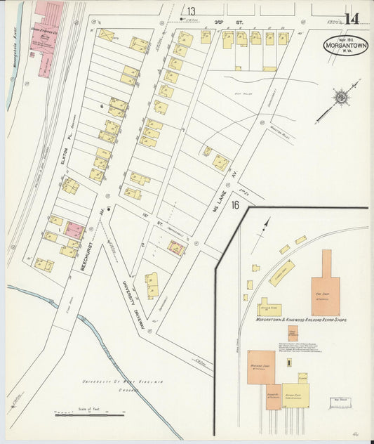 Sanborn Fire Insurance Map from Morgantown, Monongalia County, West Virginia (1911), Sheet #0014 - Historic Sanborn Fire Insurance Map Print, vintage old map wall art, antique decor, genealogy gift, West Virginia West Virginia map
