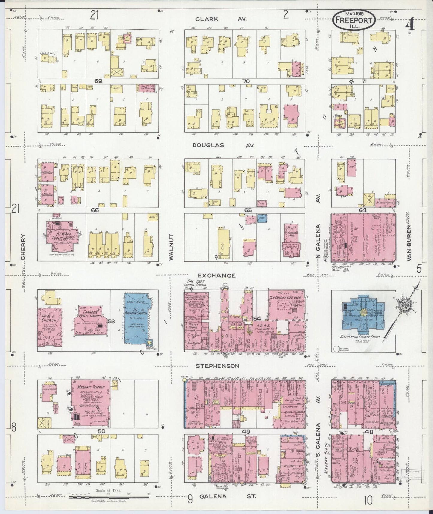 Sanborn Fire Insurance Map from Freeport, Stephenson County, Illinois (1918), Sheet #0004 - Historic Sanborn Fire Insurance Map Print, vintage old map wall art, antique decor, genealogy gift, Illinois Illinois map