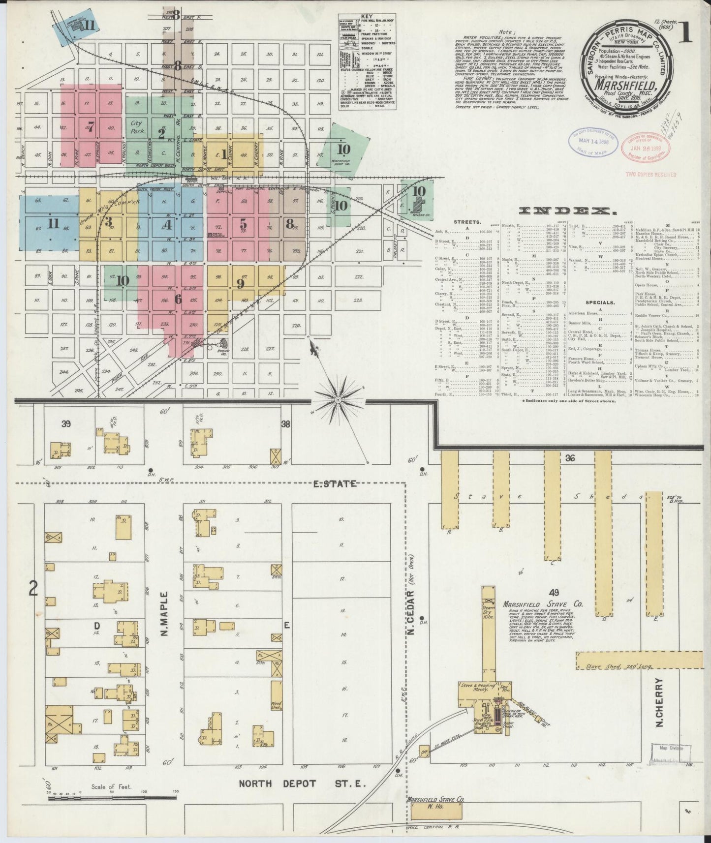 Sanborn Fire Insurance Map from Marshfield, Wood County, Wisconsin (1898), Sheet #0001 - Historic Sanborn Fire Insurance Map Print, vintage old map wall art, antique decor, genealogy gift, Wisconsin Wisconsin map