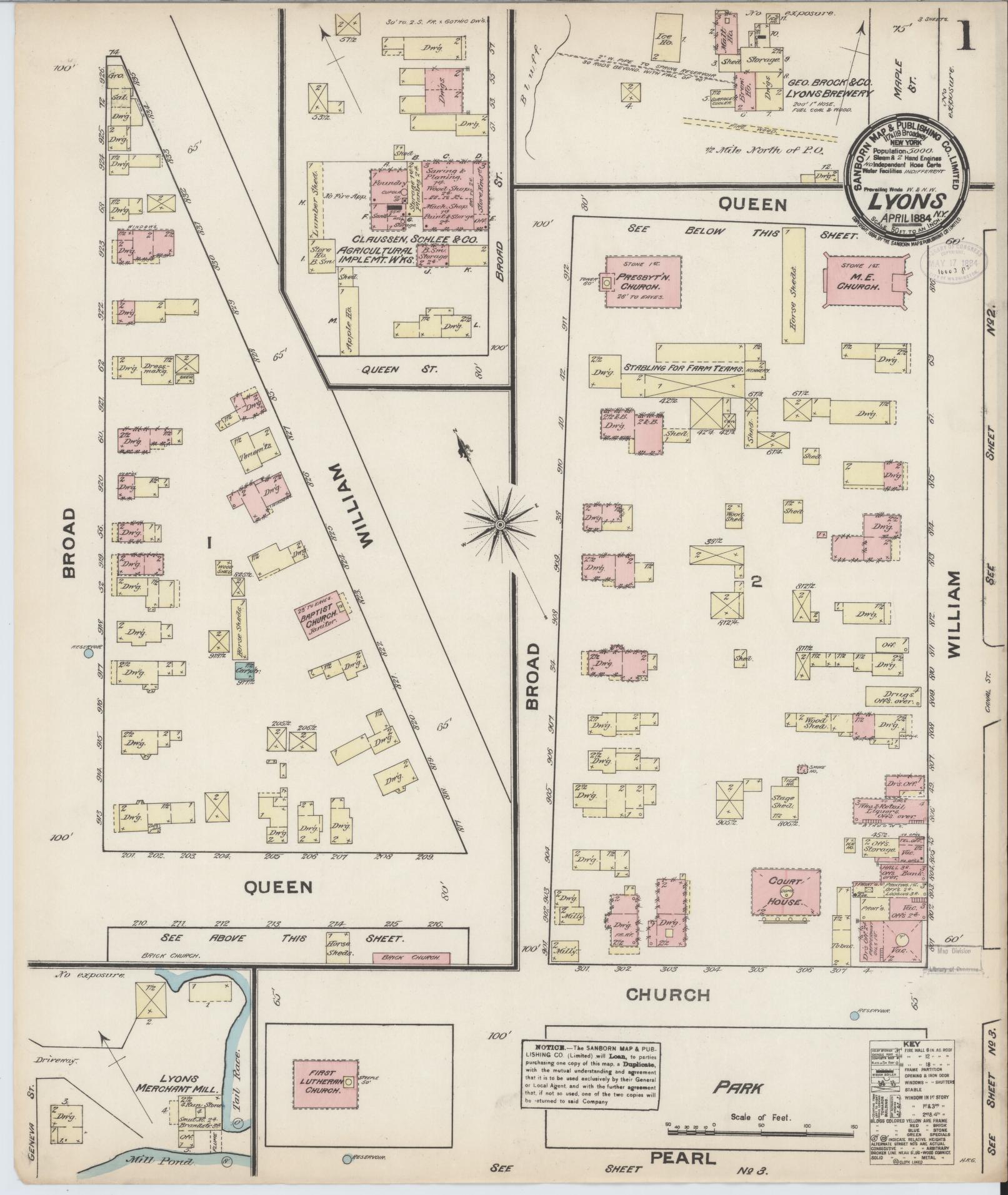 Sanborn Fire Insurance Map from Lyons, Wayne County, New York. (1884) – Historic Sanborn Fire Insurance Map Print