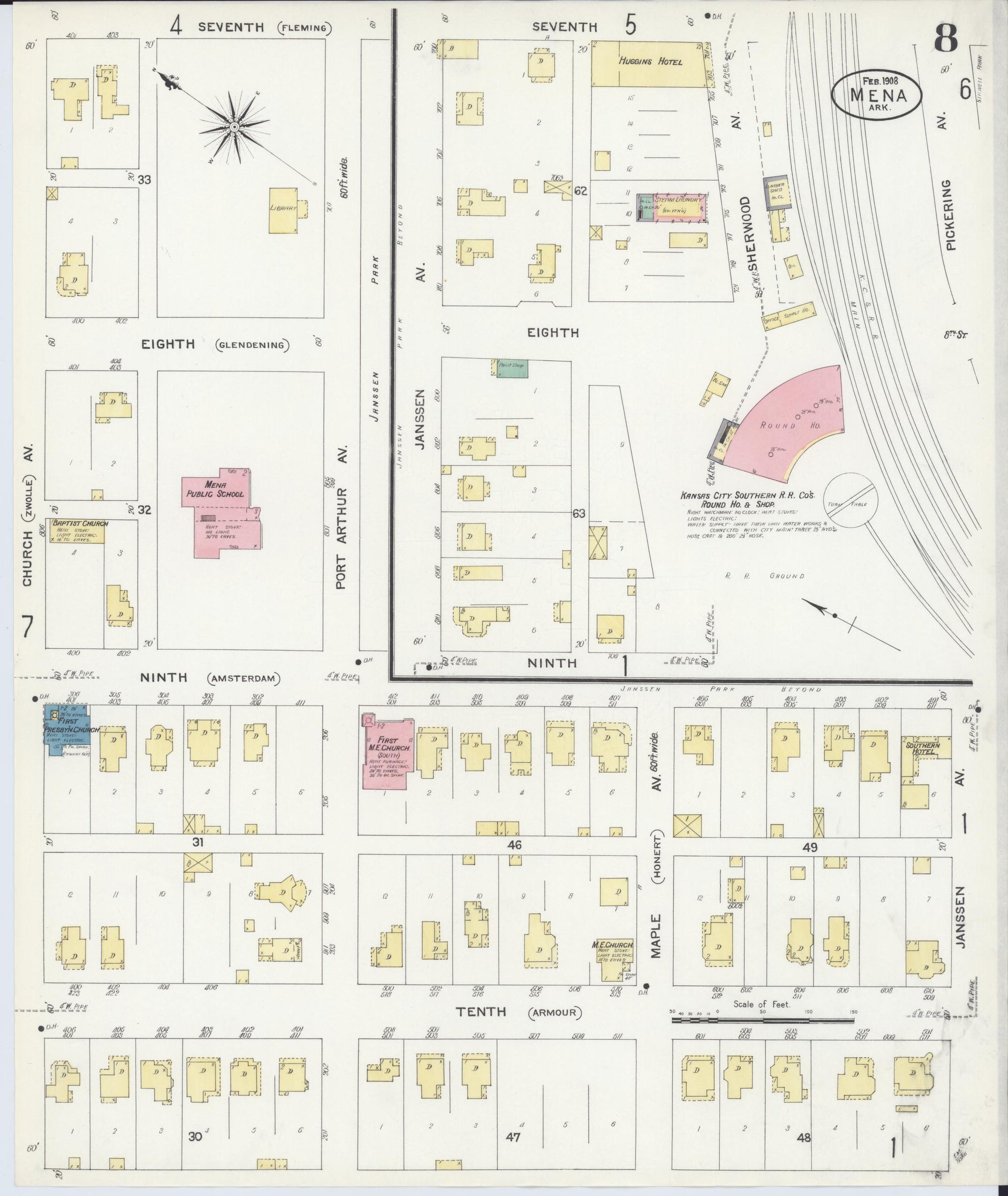 Sanborn Fire Insurance Map from Mena, Polk County, Arkansas (1908), Sheet #0008 - Historic Sanborn Fire Insurance Map Print, vintage old map wall art, antique decor, genealogy gift, Arkansas Arkansas map