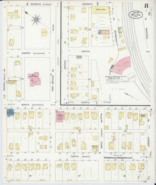 Sanborn Fire Insurance Map from Mena, Polk County, Arkansas (1908), Sheet #0008 - Historic Sanborn Fire Insurance Map Print, vintage old map wall art, antique decor, genealogy gift, Arkansas Arkansas map