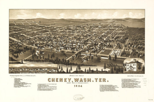 Bird's eye view of Cheney, Wash. Ter., county seat of Spokane County, 1884. (1884) – Historic Bird’s-Eye View Panorama Print