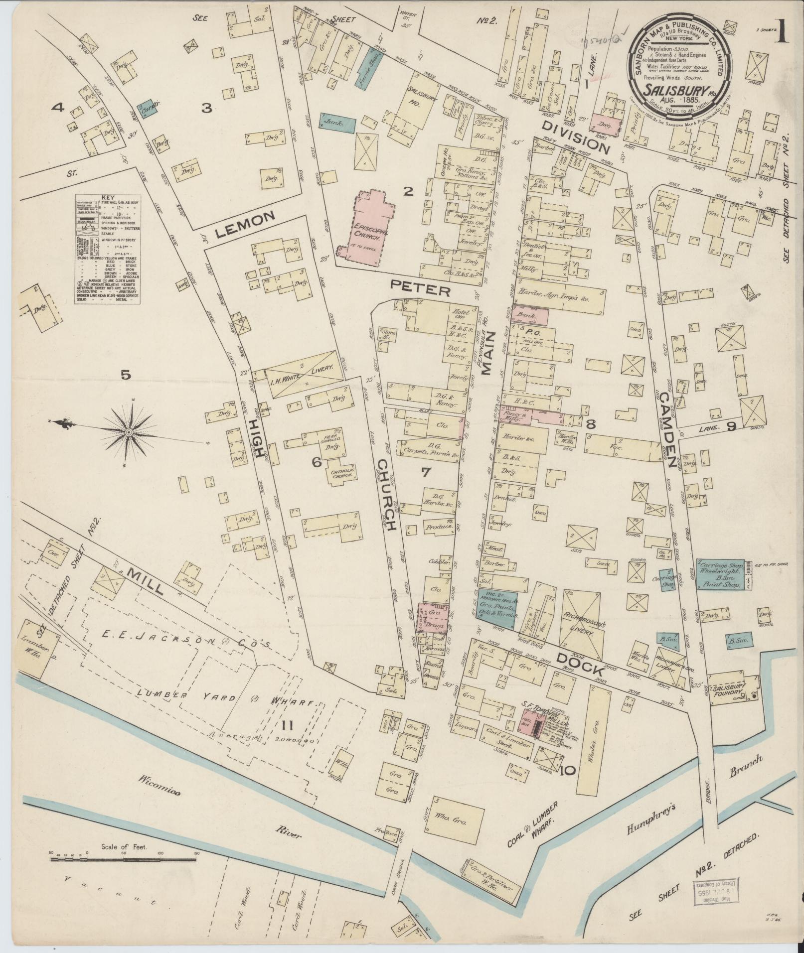 Sanborn Fire Insurance Map from Salisbury, Wicomico County, Maryland (1885), Sheet #0001 - Complete Map Set gallery image, historic Sanborn map, vintage wall art, Maryland Maryland