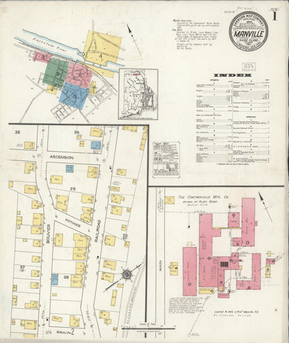 Sanborn Fire Insurance Map from Manville, Providence County, Rhode Island (1921), Sheet #0001 - Complete Map Set gallery image, historic Sanborn map, vintage wall art, Rhode Island Rhode Island