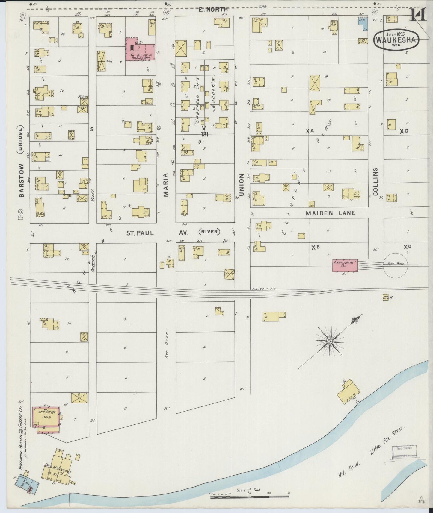 Sanborn Fire Insurance Map from Waukesha, Waukesha County, Wisconsin (1895), Sheet #0014 - Complete Map Set gallery image, historic Sanborn map, vintage wall art, Wisconsin Wisconsin