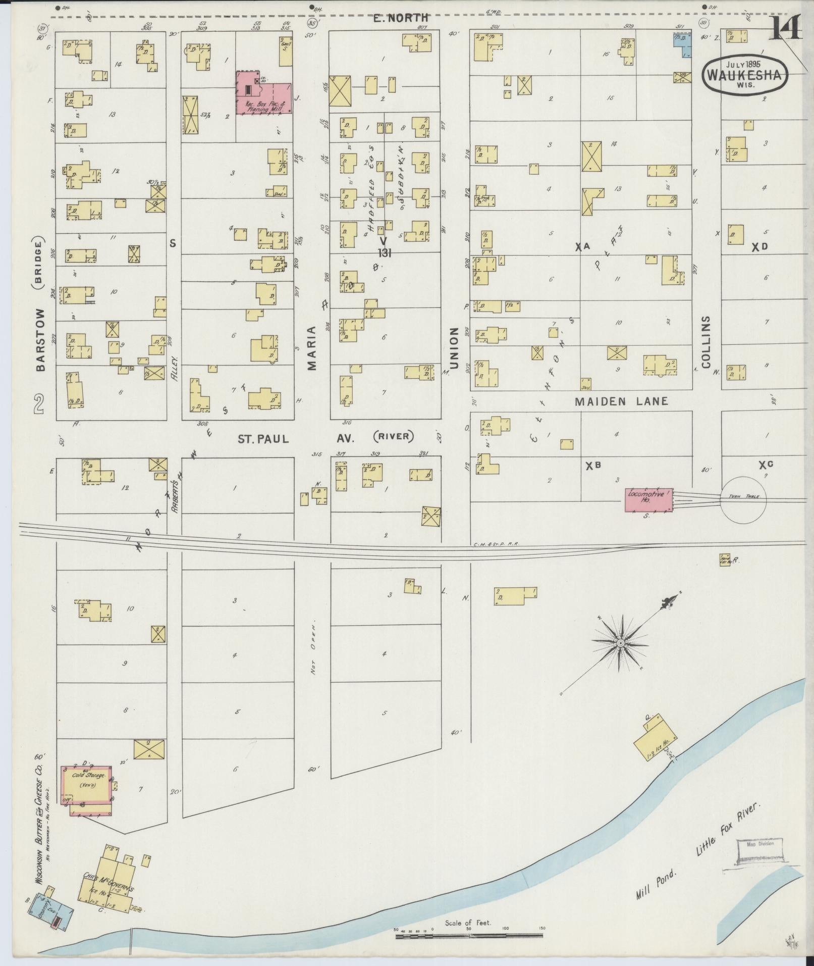 Sanborn Fire Insurance Map from Waukesha, Waukesha County, Wisconsin (1895), Sheet #0014 - Complete Map Set gallery image, historic Sanborn map, vintage wall art, Wisconsin Wisconsin