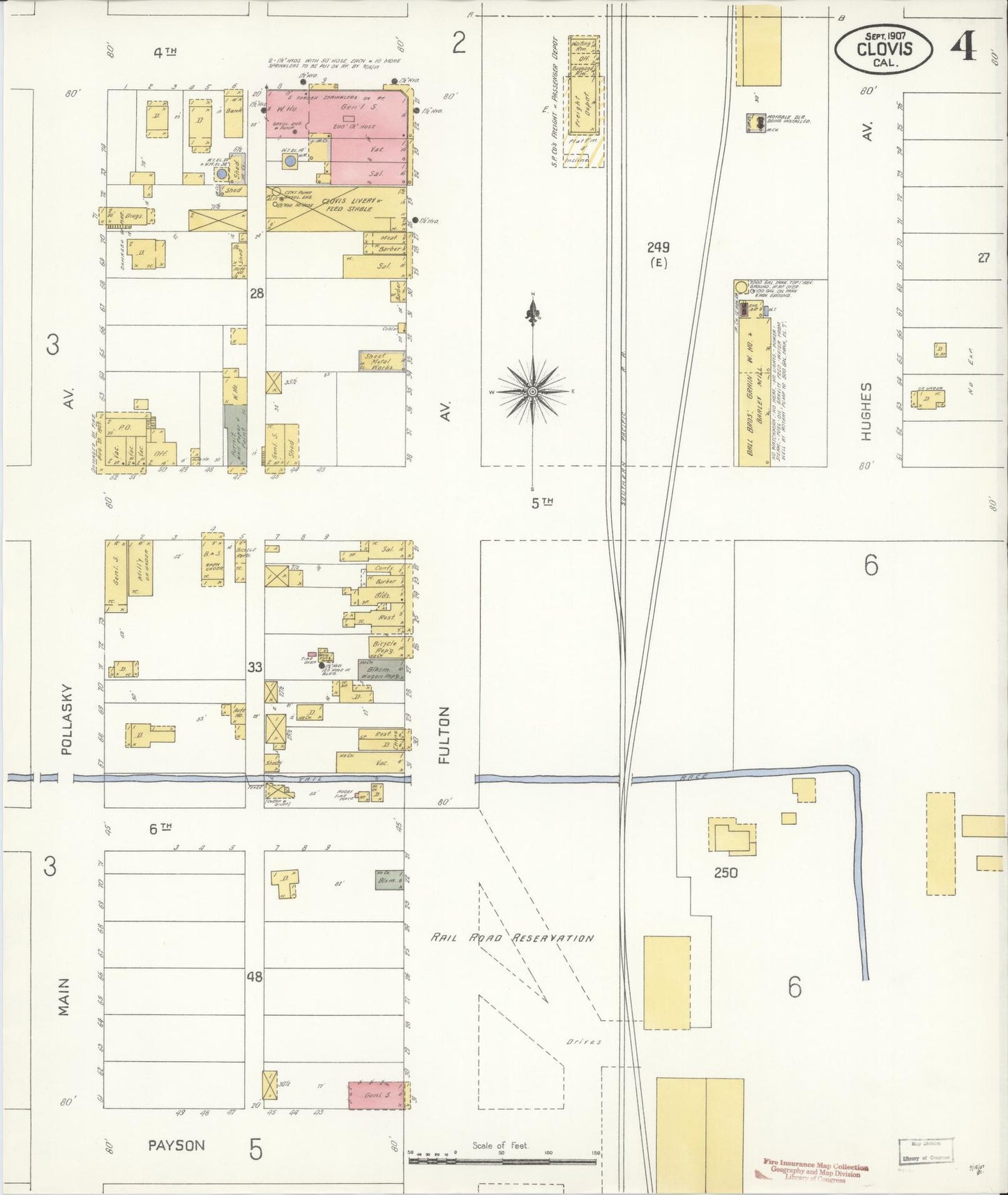 Sanborn Fire Insurance Map from Clovis, Fresno County, California (1907), Sheet #0004 - Complete Map Set gallery image, historic Sanborn map, vintage wall art, California California