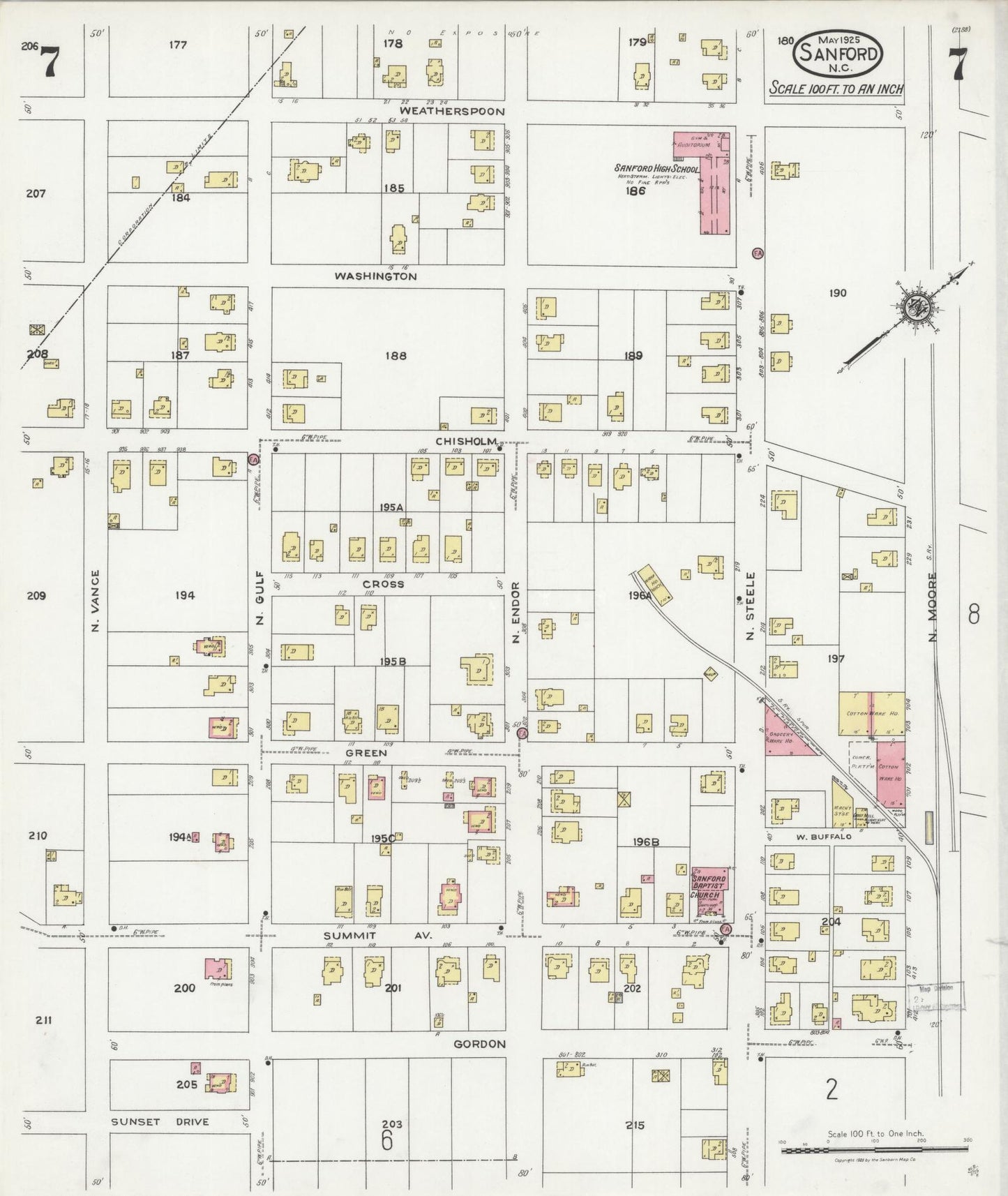 Sanborn Fire Insurance Map from Sanford, Lee County, North Carolina (1925), Sheet #0007 - Complete Map Set gallery image, historic Sanborn map, vintage wall art, North Carolina North Carolina