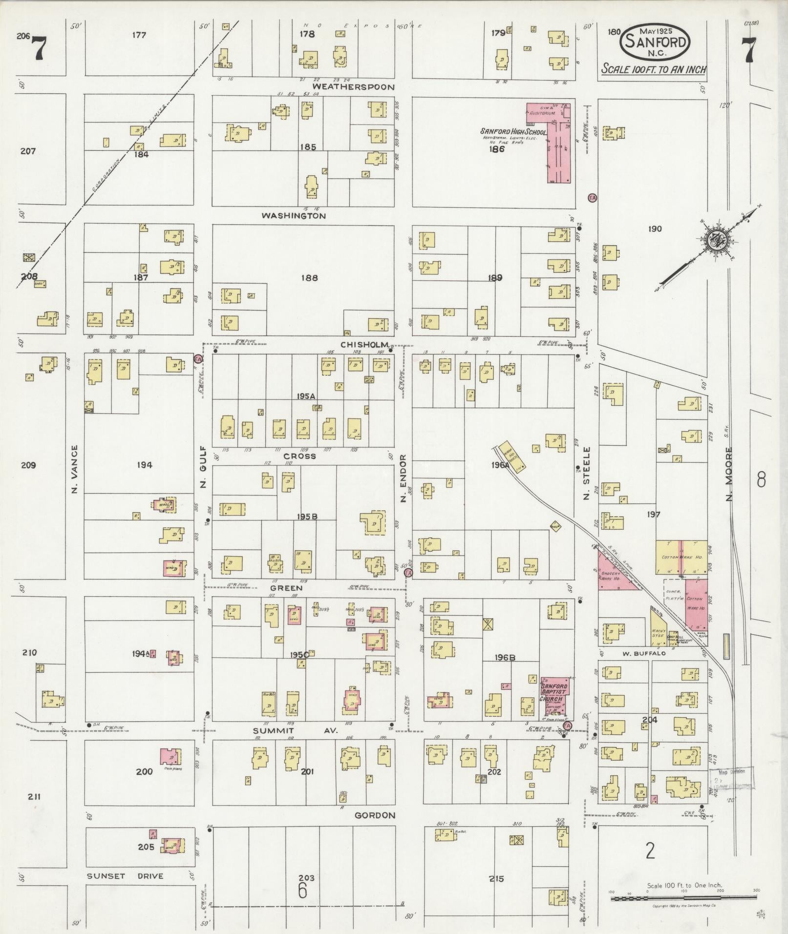 Sanborn Fire Insurance Map from Sanford, Lee County, North Carolina (1925), Sheet #0007 - Complete Map Set gallery image, historic Sanborn map, vintage wall art, North Carolina North Carolina