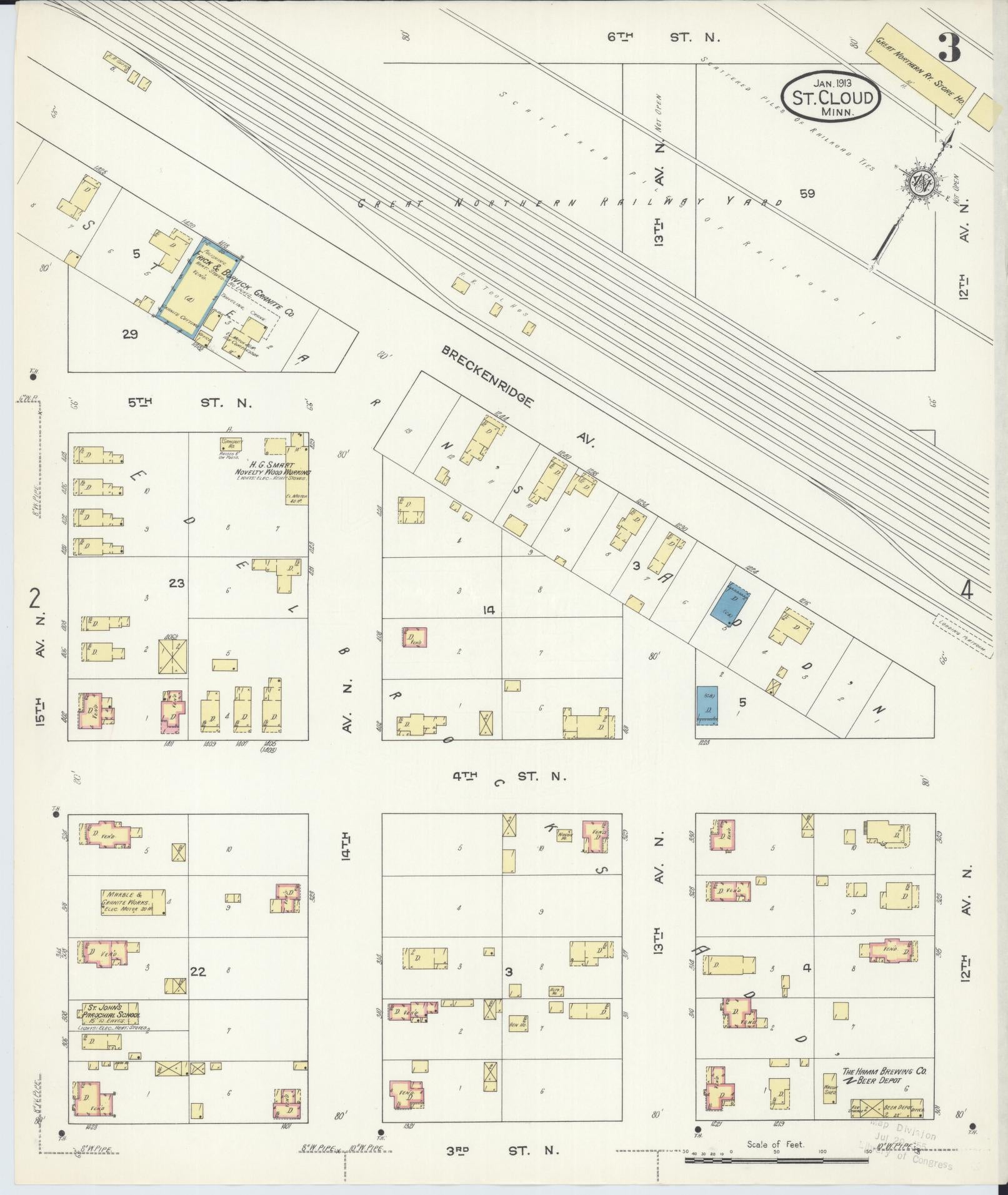 Sanborn Fire Insurance Map from Saint Cloud, Stearns, Benton, and Sherburne Counties, Minnesota (1913), Sheet #0003 - Complete Map Set gallery image, historic Sanborn map, vintage wall art, Minnesota Minnesota