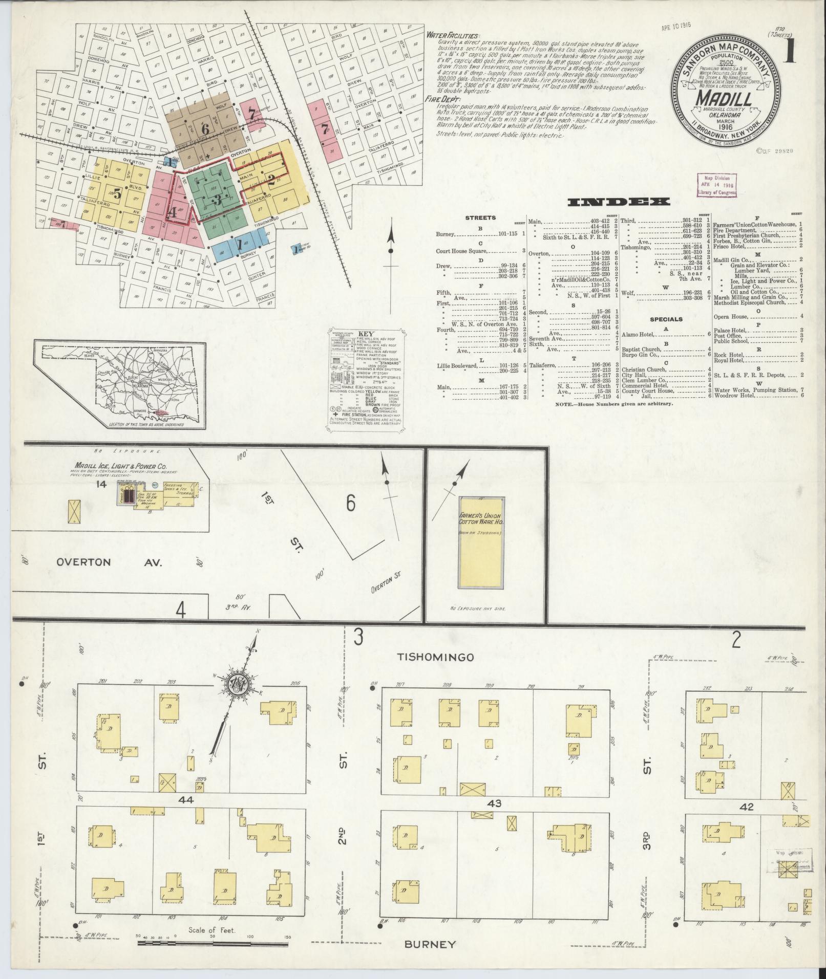 Sanborn Fire Insurance Map from Madill, Marshall County, Oklahoma (1916), Sheet #0001 - Complete Map Set gallery image, historic Sanborn map, vintage wall art, Oklahoma Oklahoma