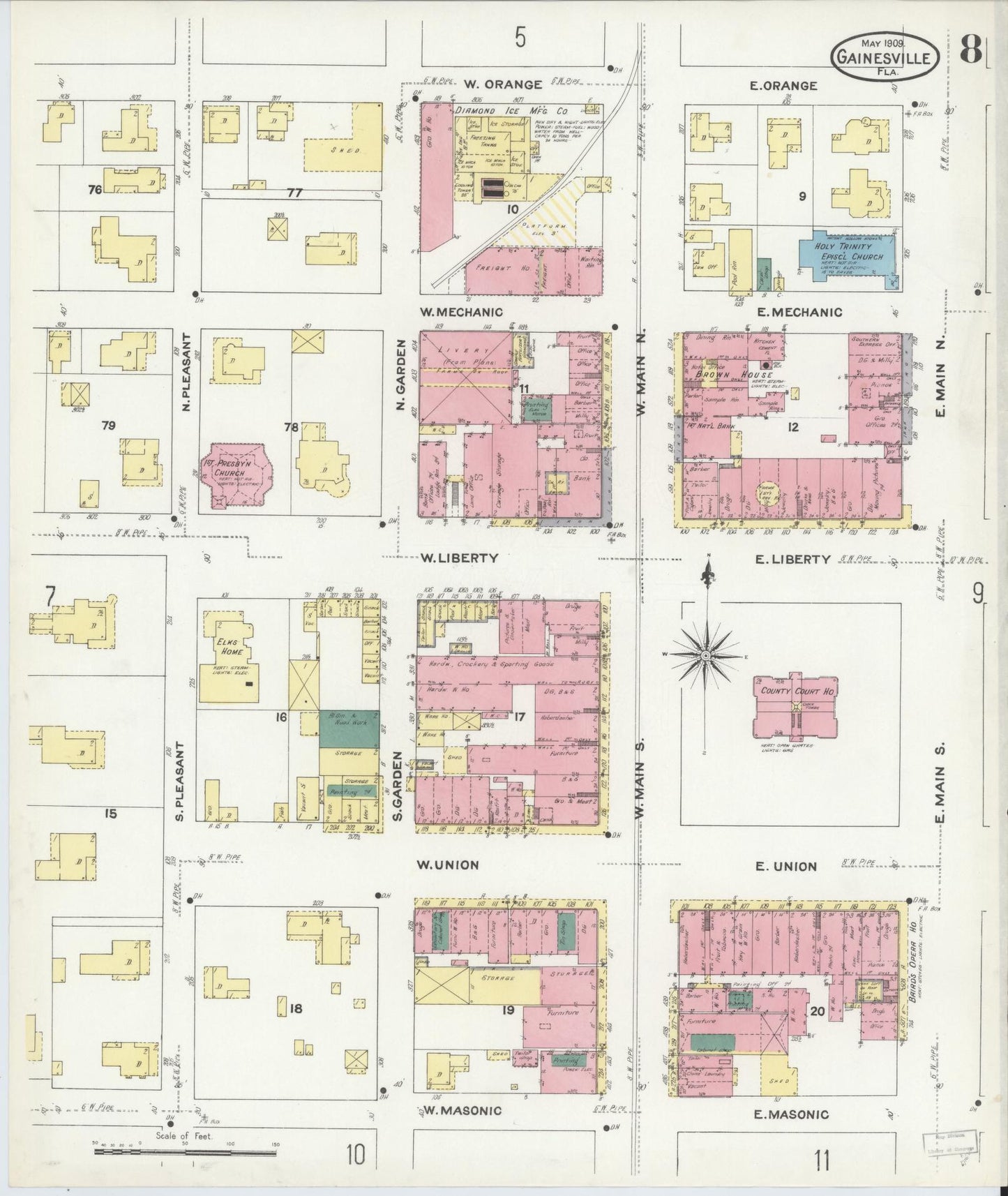 Sanborn Fire Insurance Map from Gainesville, Alachua County, Florida (1909), Sheet #0008 - Historic Sanborn Fire Insurance Map Print, vintage old map wall art, antique decor, genealogy gift, Florida Florida map