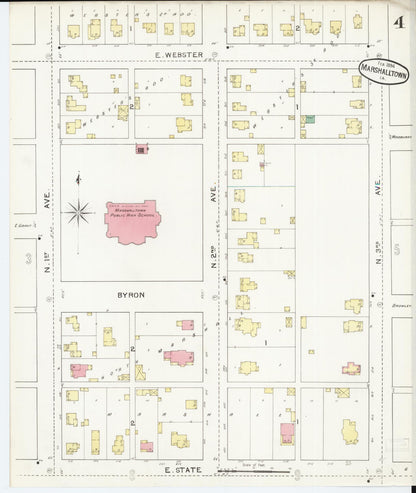 Sanborn Fire Insurance Map from Marshalltown, Marshall County, Iowa (1894), Sheet #0004 - Historic Sanborn Fire Insurance Map Print, vintage old map wall art