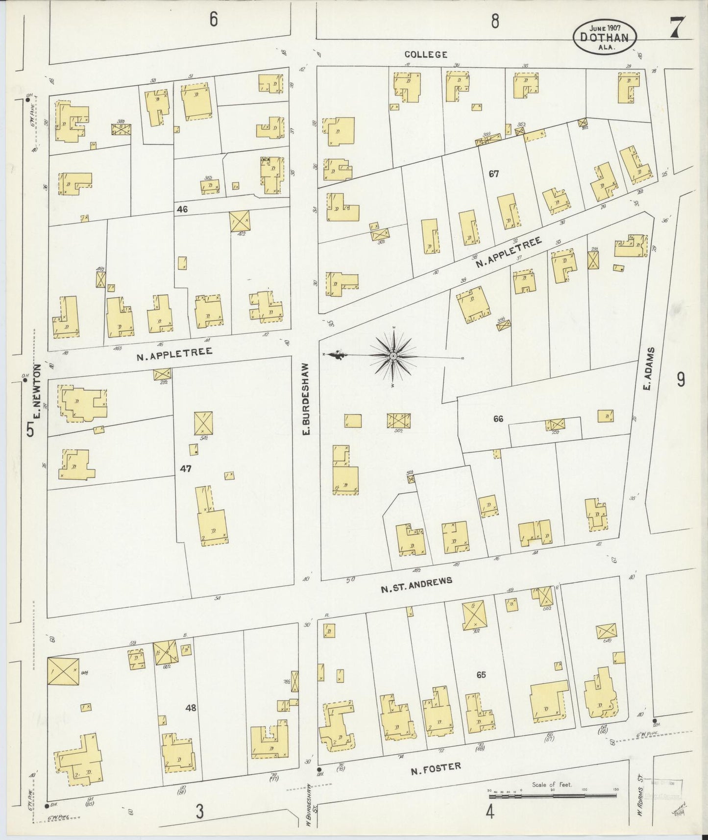 Sanborn Fire Insurance Map from Dothan, Houston County, Alabama (1907), Sheet #0007 - Historic Sanborn Fire Insurance Map Print, vintage old map wall art, antique decor, genealogy gift, Alabama Alabama map