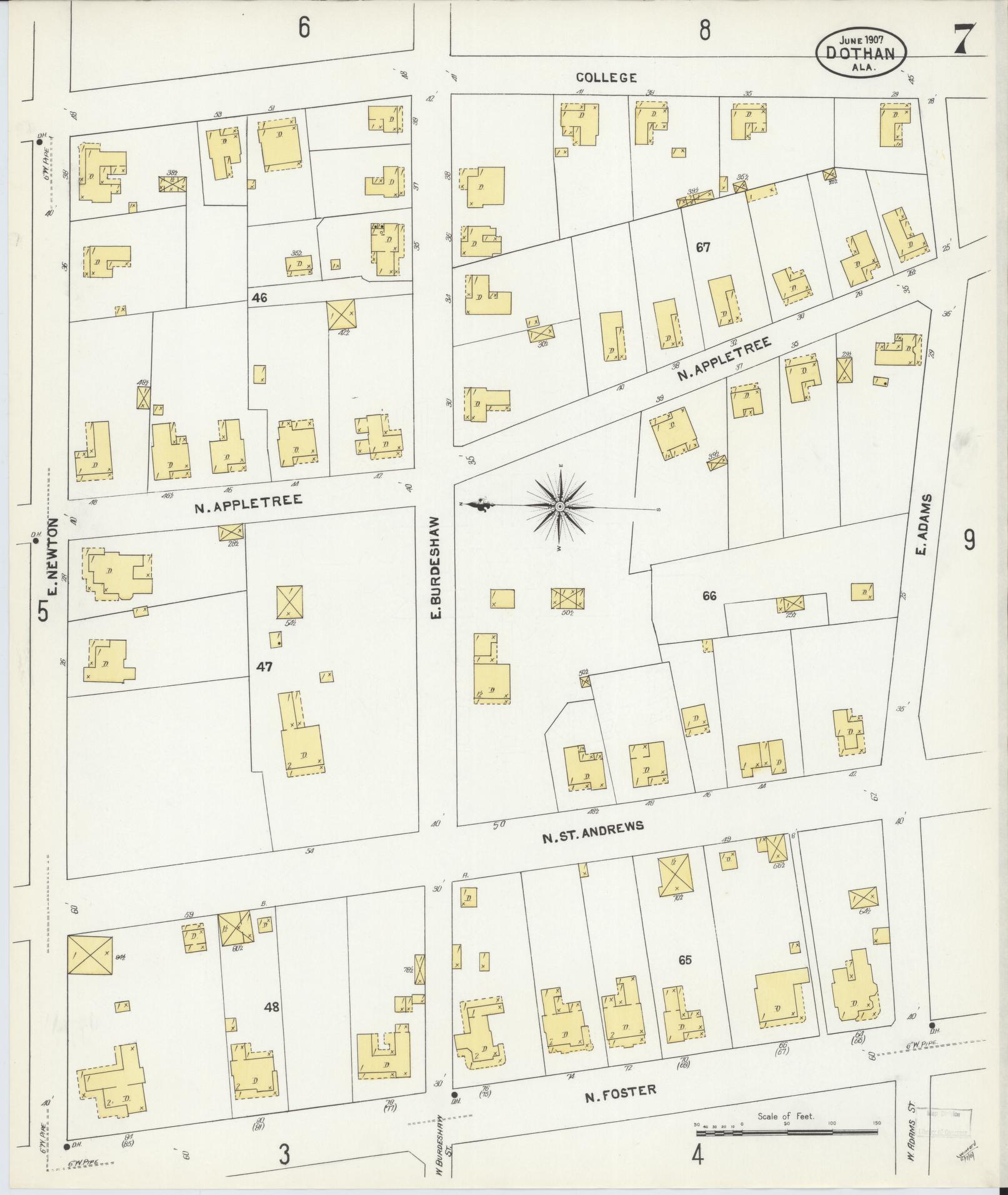 Sanborn Fire Insurance Map from Dothan, Houston County, Alabama (1907), Sheet #0007 - Historic Sanborn Fire Insurance Map Print, vintage old map wall art, antique decor, genealogy gift, Alabama Alabama map