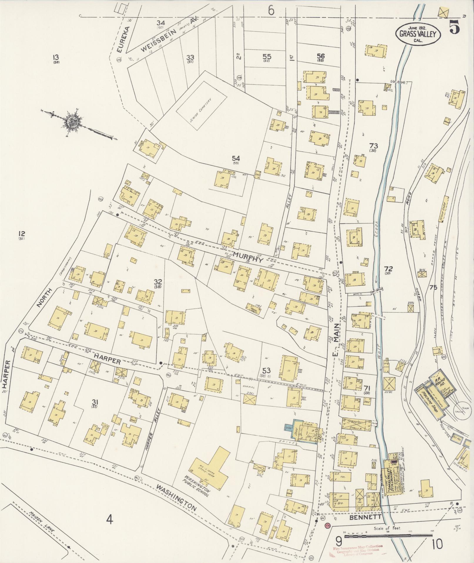 Sanborn Fire Insurance Map from Grass Valley, Nevada County, California (1912), Sheet #0005 - Complete Map Set gallery image, historic Sanborn map, vintage wall art, California California