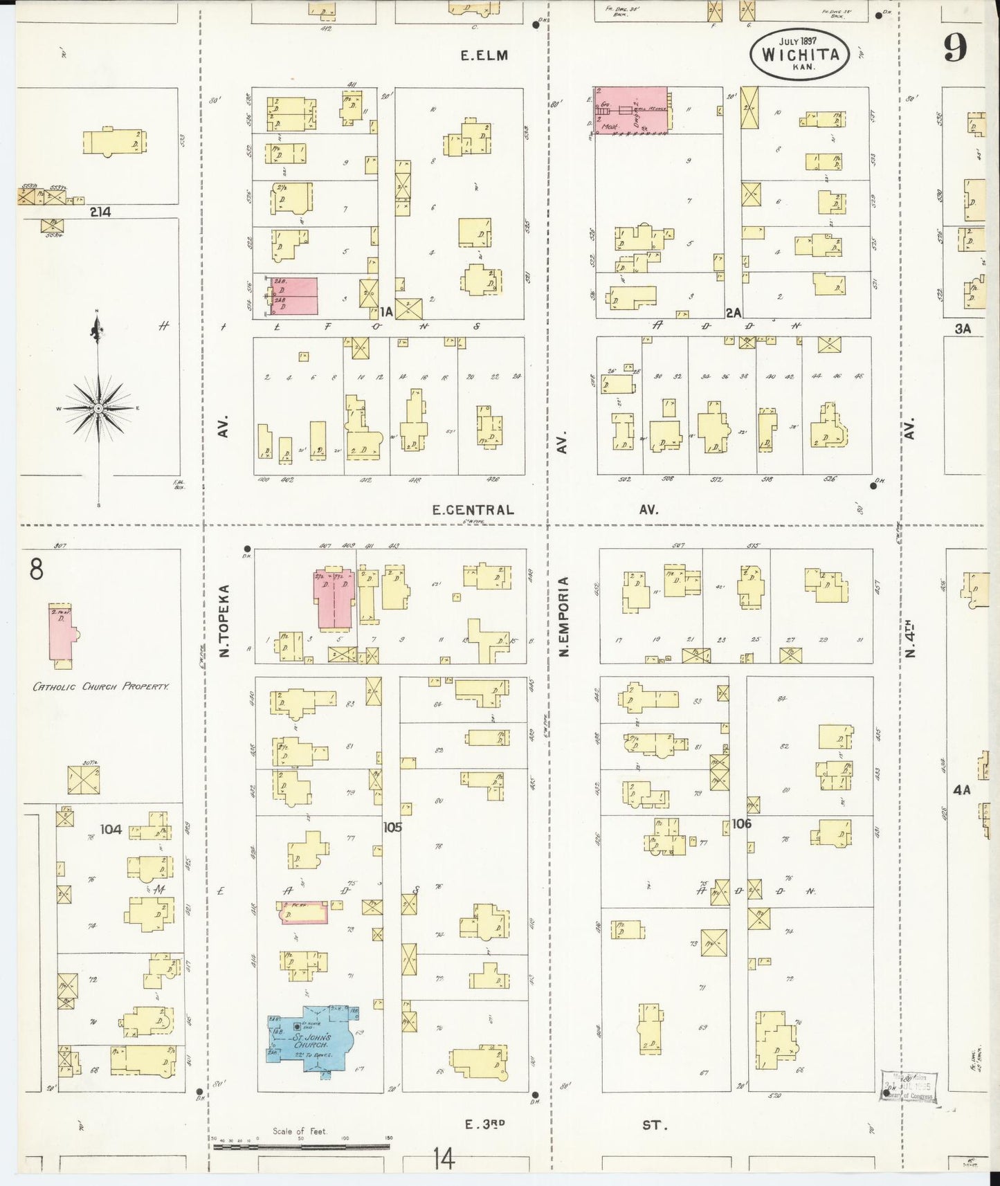 Sanborn Fire Insurance Map from Wichita, Sedgwick County, Kansas (1897), Sheet #0009 - Historic Sanborn Fire Insurance Map Print, vintage old map wall art, antique decor, genealogy gift, Kansas Kansas map