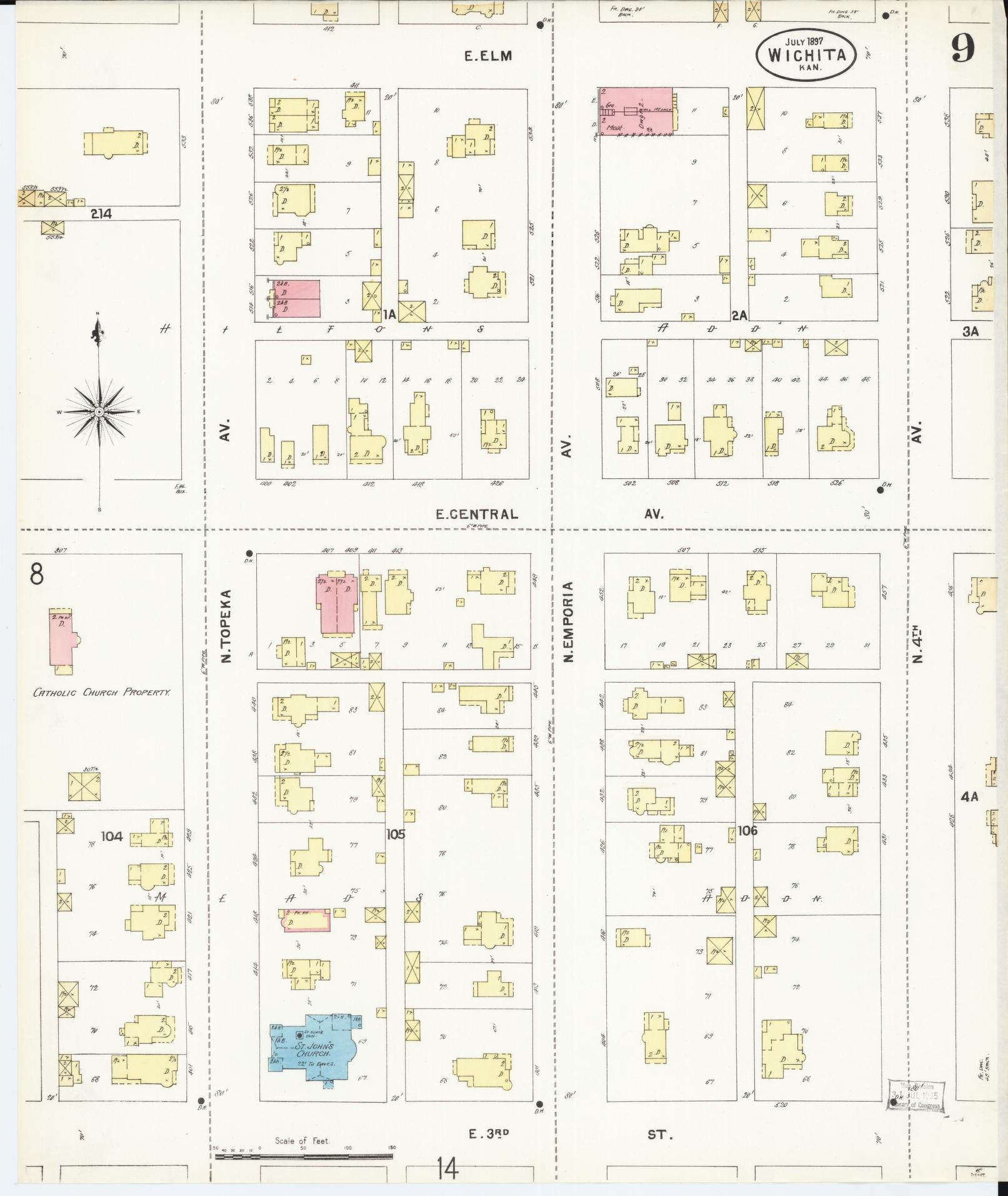 Sanborn Fire Insurance Map from Wichita, Sedgwick County, Kansas (1897), Sheet #0009 - Historic Sanborn Fire Insurance Map Print, vintage old map wall art, antique decor, genealogy gift, Kansas Kansas map