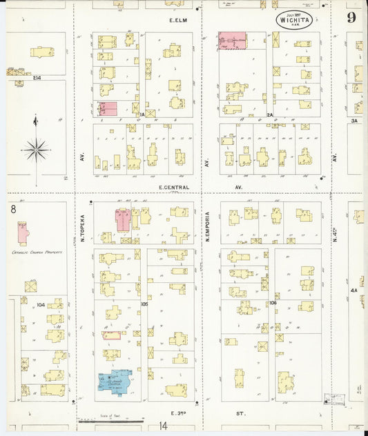 Sanborn Fire Insurance Map from Wichita, Sedgwick County, Kansas (1897), Sheet #0009 - Historic Sanborn Fire Insurance Map Print, vintage old map wall art, antique decor, genealogy gift, Kansas Kansas map