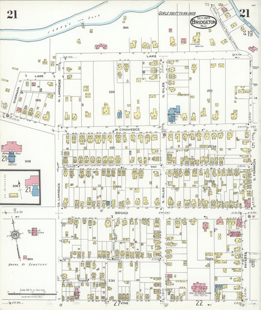 Sanborn Fire Insurance Map from Bridgeton, Cumberland County, New Jersey (1923), Sheet #0021 - Historic Sanborn Fire Insurance Map Print, vintage old map wall art, antique decor, genealogy gift, New Jersey New Jersey map