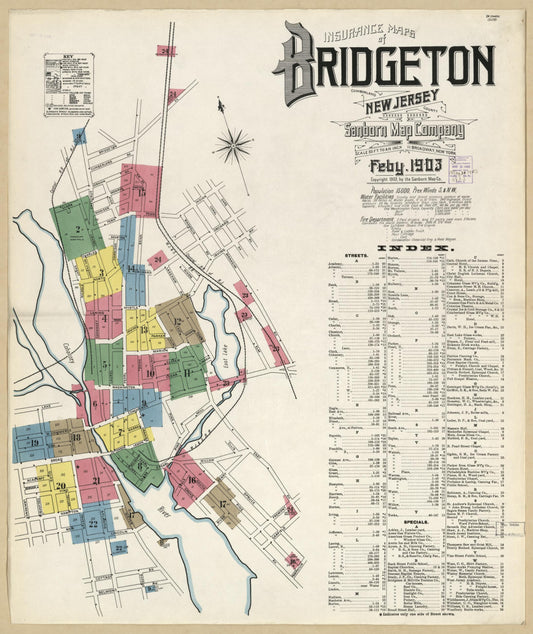 Sanborn Fire Insurance Map from Bridgeton, Cumberland County, New Jersey (1903), Sheet #0001 - Historic Sanborn Fire Insurance Map Print, vintage old map wall art, antique decor, genealogy gift, New Jersey New Jersey map