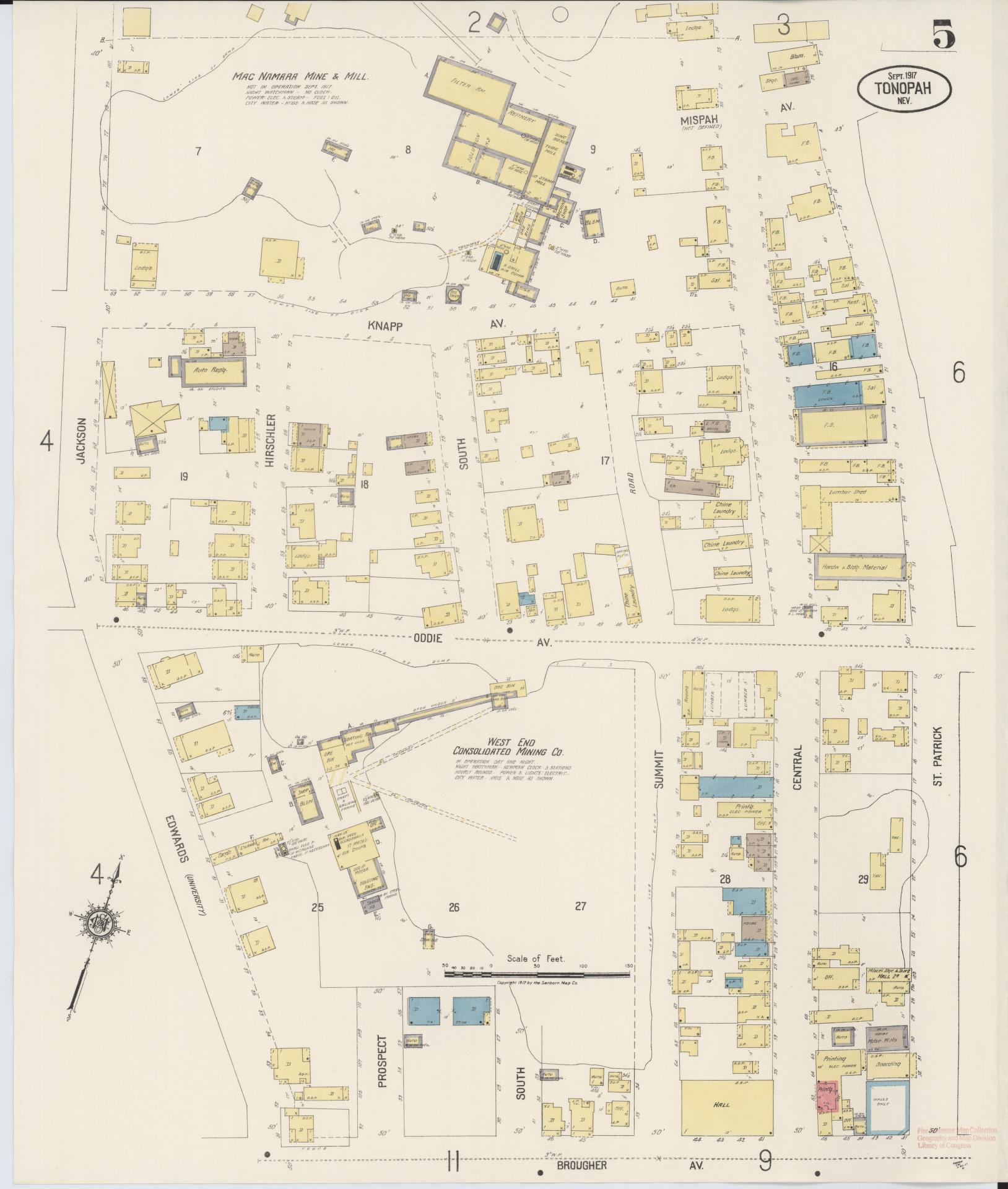Sanborn Fire Insurance Map from Tonopah, Nye County, Nevada (1917), Sheet #0005 - Historic Sanborn Fire Insurance Map Print, vintage old map wall art, antique decor, genealogy gift, Nevada Nevada map