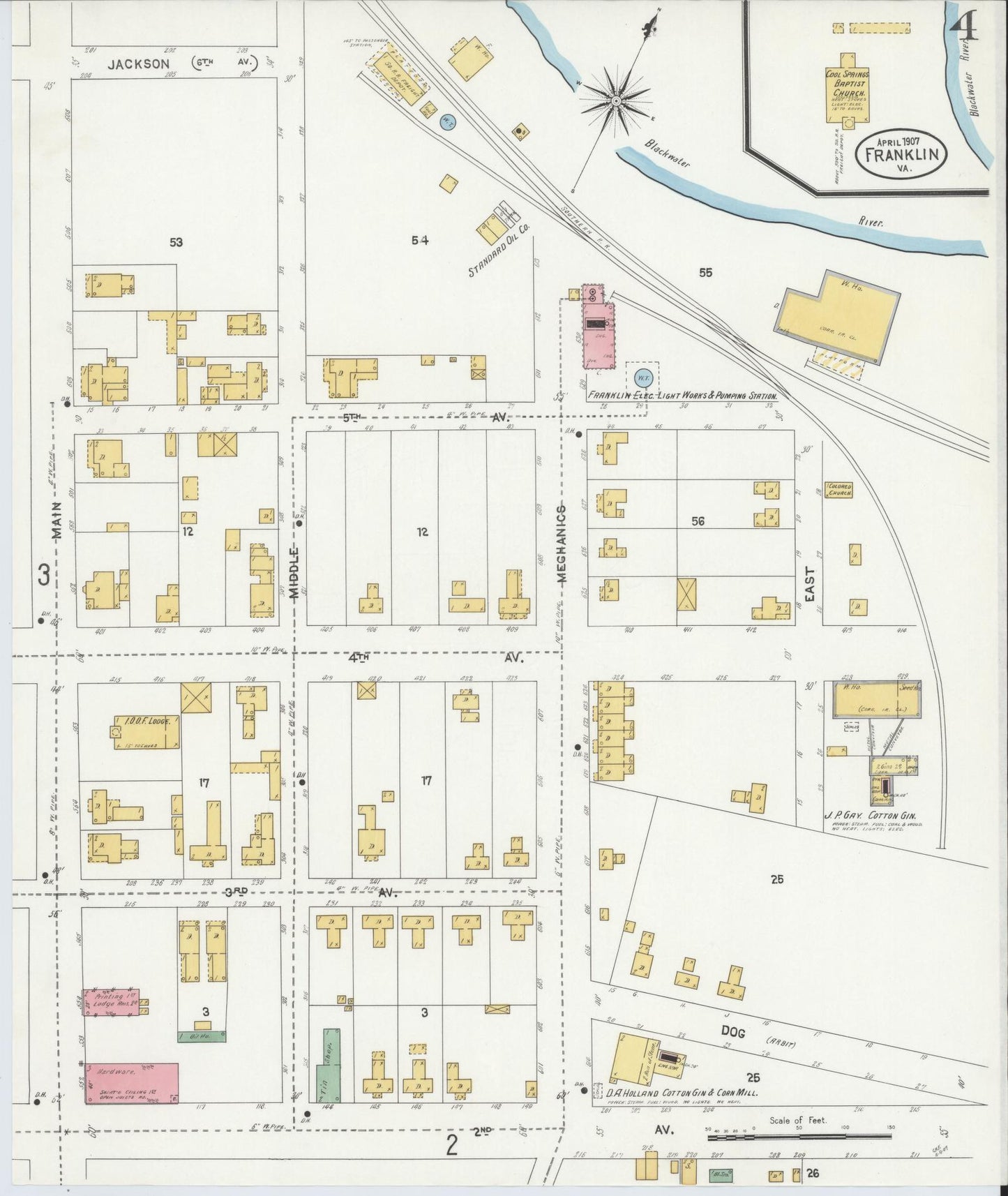 Sanborn Fire Insurance Map from Franklin, Independent Cities, Virginia (1907), Sheet #0004 - Complete Map Set gallery image, historic Sanborn map, vintage wall art, Virginia Virginia
