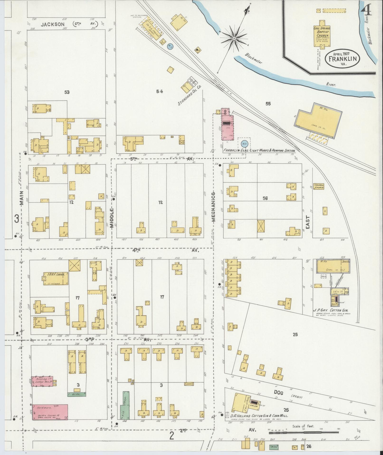 Sanborn Fire Insurance Map from Franklin, Independent Cities, Virginia (1907), Sheet #0004 - Complete Map Set gallery image, historic Sanborn map, vintage wall art, Virginia Virginia