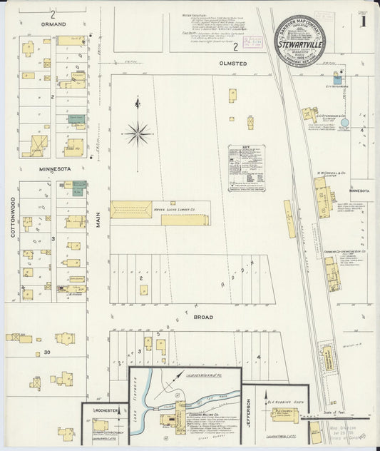 Sanborn Fire Insurance Map from Stewartville, Olmsted County, Minnesota (1909), Sheet #0001 - Historic Sanborn Fire Insurance Map Print, vintage old map wall art, antique decor, genealogy gift, Minnesota Minnesota map