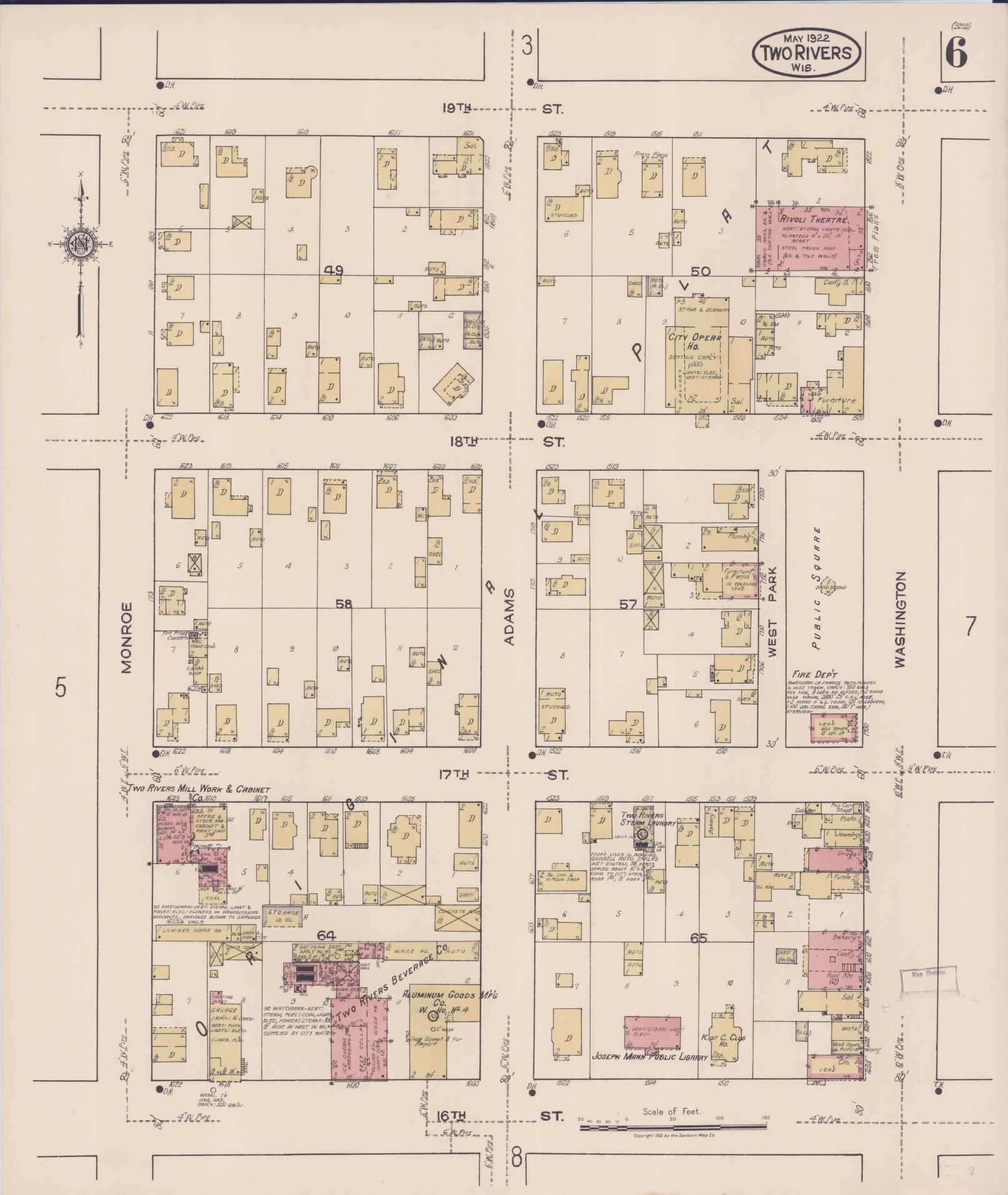 Sanborn Fire Insurance Map from Two Rivers, Manitowoc County, Wisconsin (1922), Sheet #0006 - Historic Sanborn Fire Insurance Map Print, vintage old map wall art, antique decor, genealogy gift, Wisconsin Wisconsin map