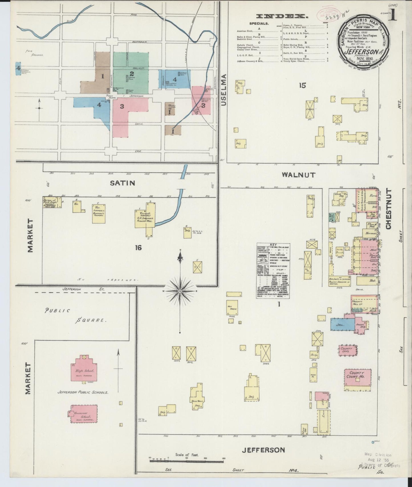 Sanborn Fire Insurance Map from Jefferson, Ashtabula County, Ohio (1890), Sheet #0001 - Historic Sanborn Fire Insurance Map Print, vintage old map wall art, antique decor, genealogy gift, Ohio Ohio map